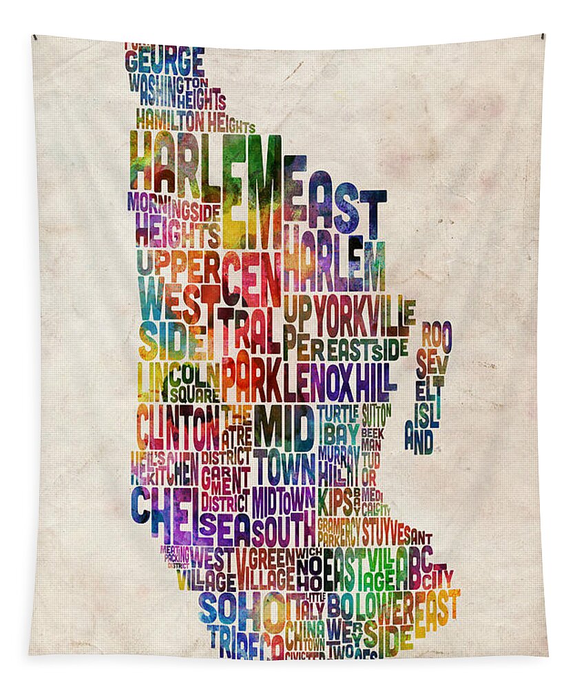 Manhattan Map Tapestry featuring the digital art Manhattan New York Typographic Map #2 by Michael Tompsett