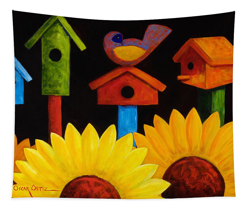 Birds Tapestry featuring the painting Midnight Garden by Oscar Ortiz