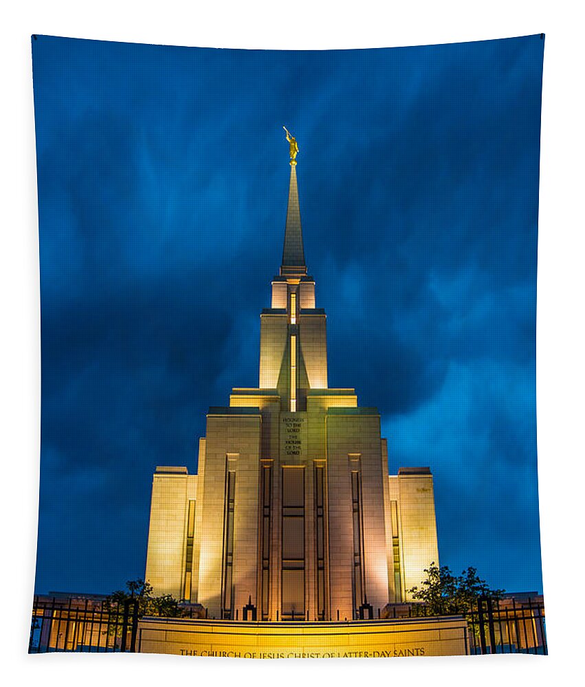 Oquirrh Mountain Tapestry featuring the photograph Oquirrh Mountain LDS Temple Evening Thunderstorm #2 by Gary Whitton