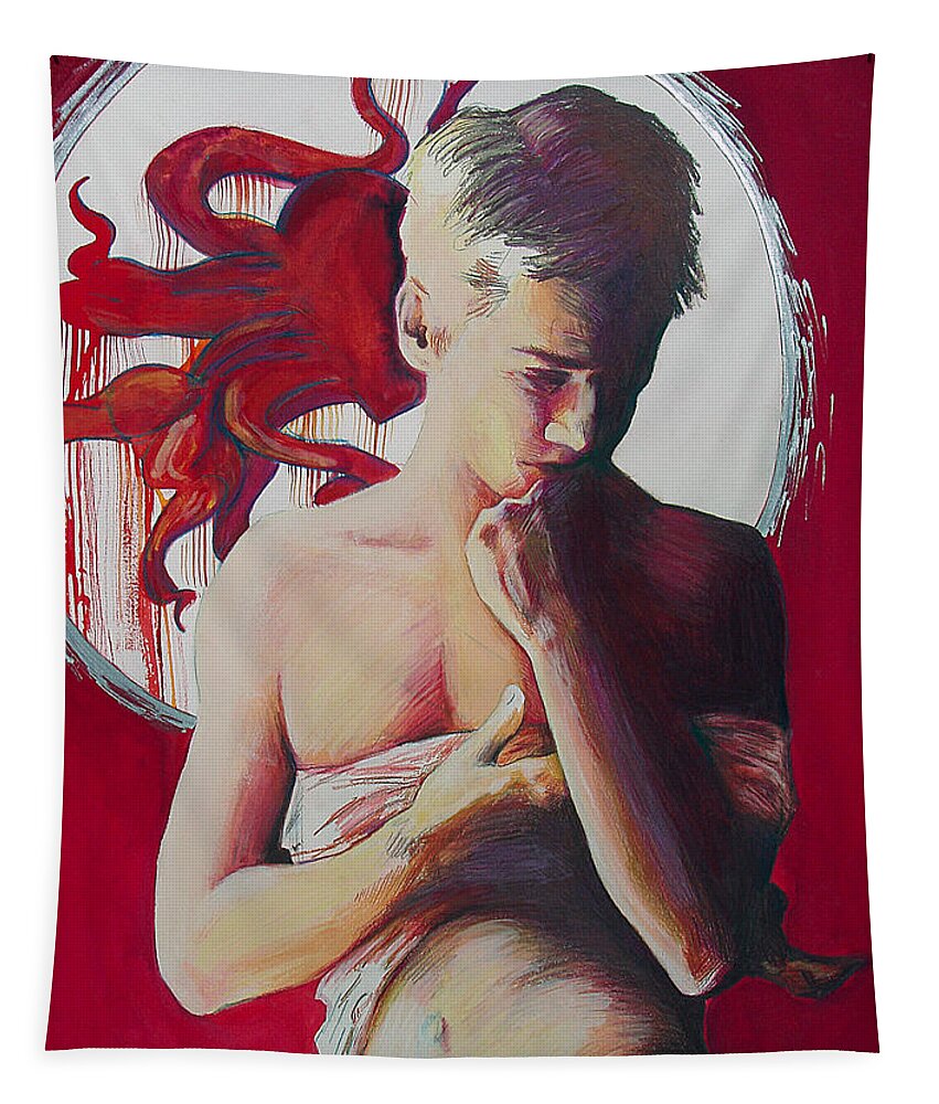Gay Art Tapestry featuring the painting Red Snap Dragon Moonset by Rene Capone