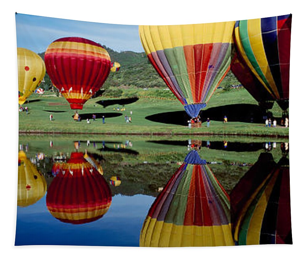 Photography Tapestry featuring the photograph Reflection Of Hot Air Balloons #2 by Panoramic Images