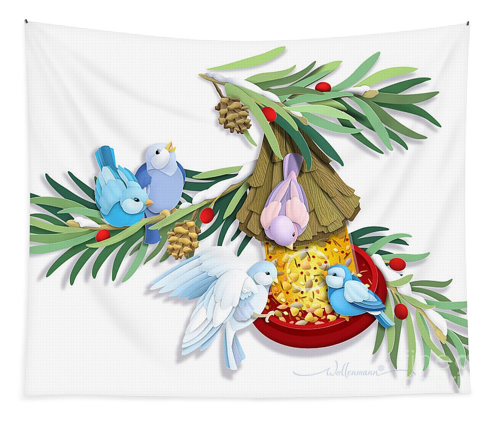 Bird Tapestry featuring the digital art Snacks For All #2 by Randy Wollenmann