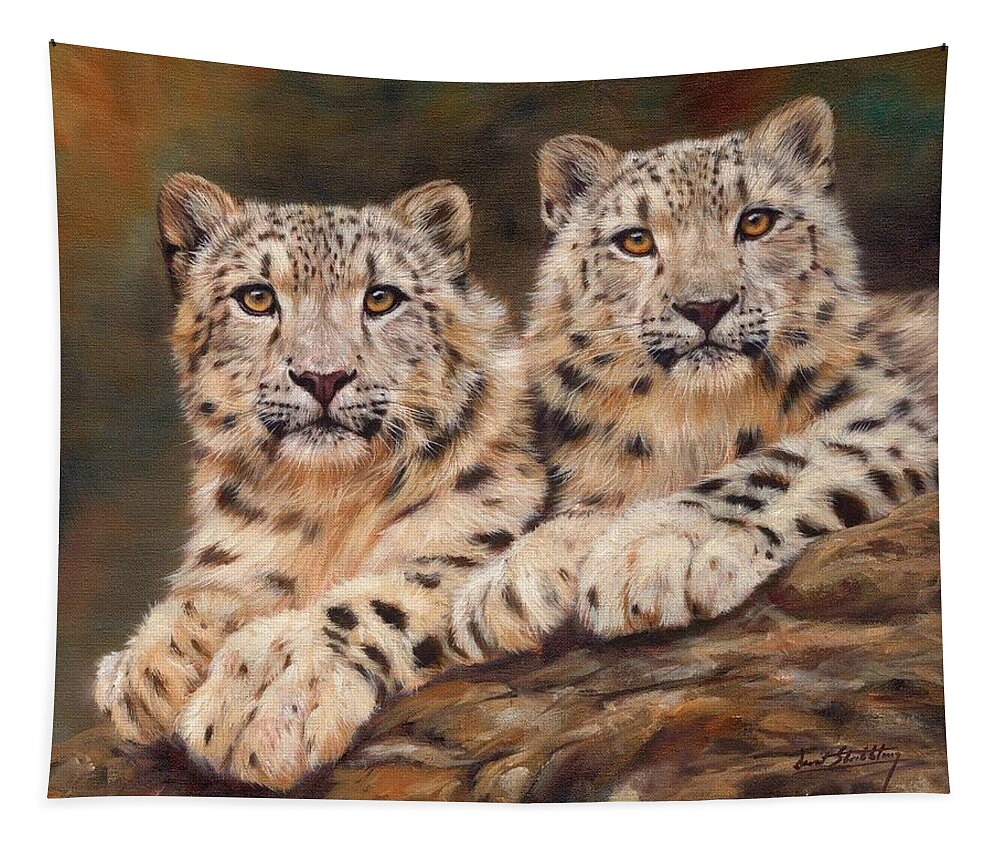 Snow Leopards Tapestry featuring the painting Snow Leopards #3 by David Stribbling