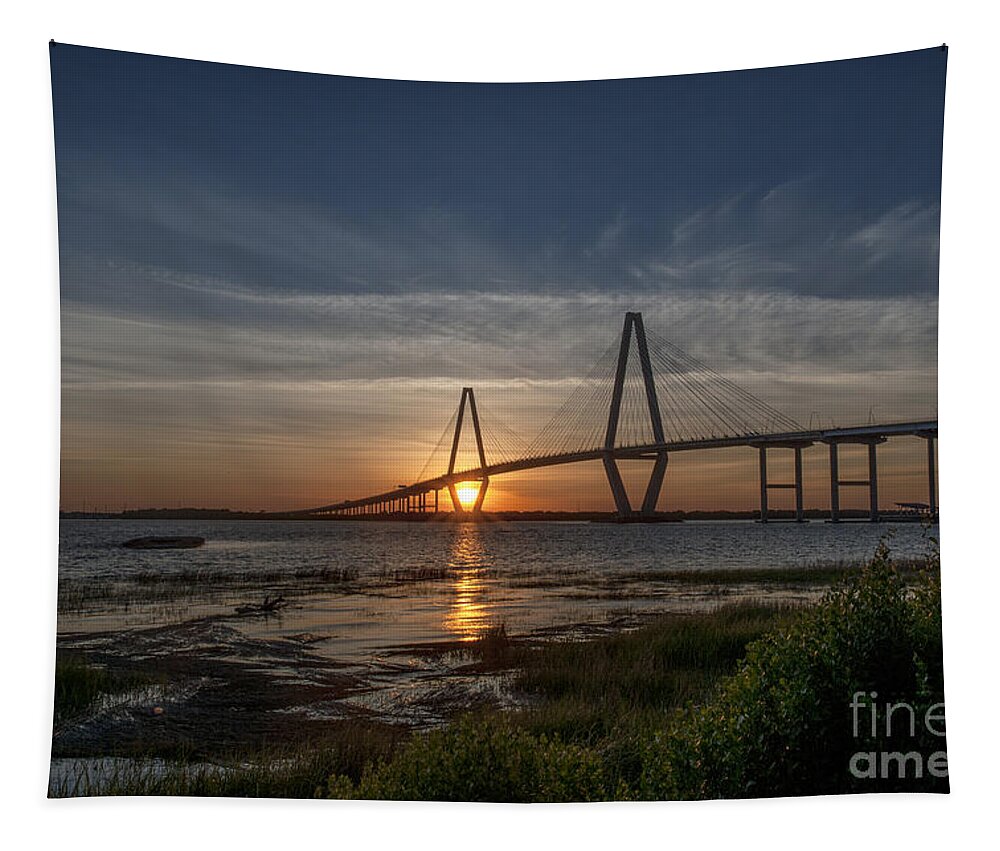 Sunset Tapestry featuring the photograph Sunset over the Bridge by Dale Powell