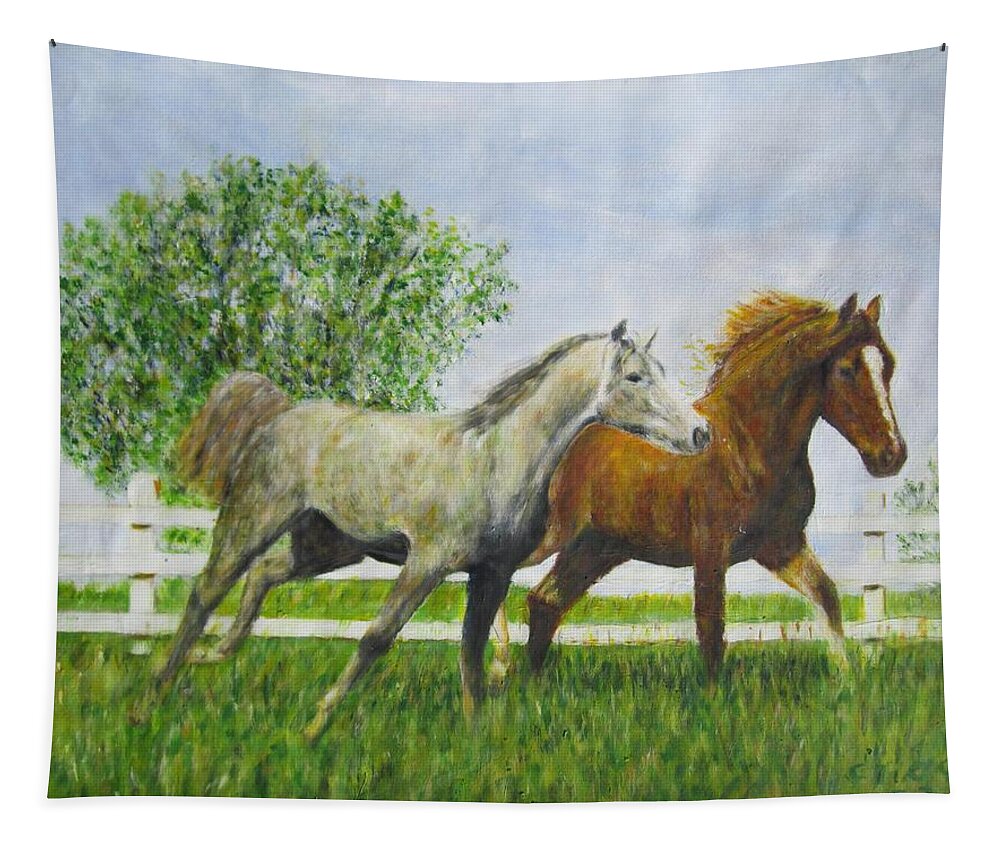 Impressionism Tapestry featuring the painting Two Horses Running by White Picket Fence by Glenda Crigger