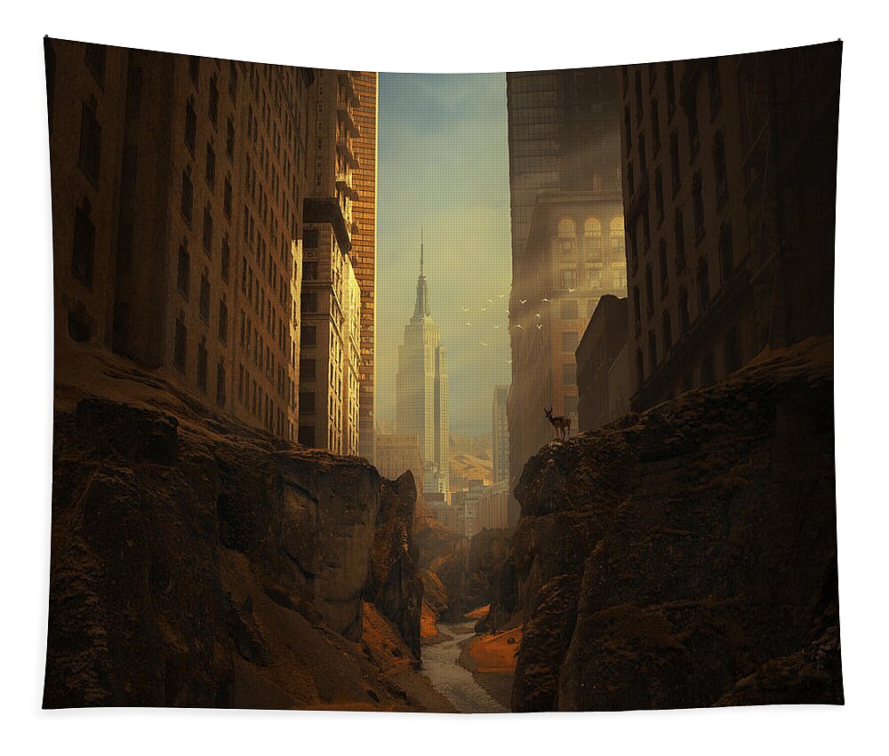 City Ruins Apocalypse Buildings Sun Animal Sunbeams Abandoned Ny Landscape Photomontage Rocks Loneliness Creek Walls Birds Sciencefiction Fantasy Newyork Warm Shadows Nature Architecture Photomontage Photomanipulation Tapestry featuring the photograph 2146 by Michal Karcz