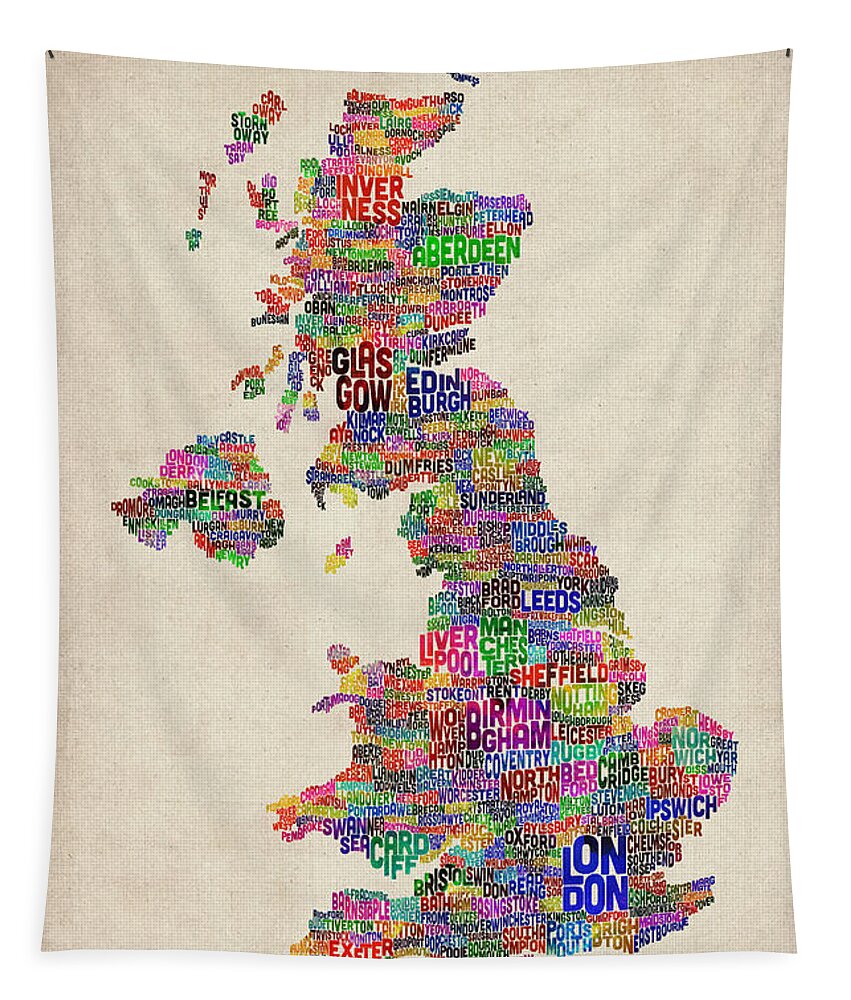 United Kingdom Tapestry featuring the digital art Great Britain UK City Text Map #22 by Michael Tompsett