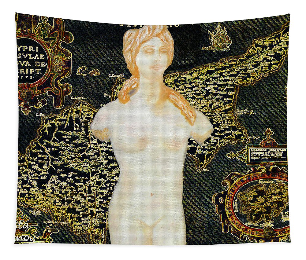 Augusta Stylianou Tapestry featuring the painting Ancient Cyprus Map and Aphrodite by Augusta Stylianou