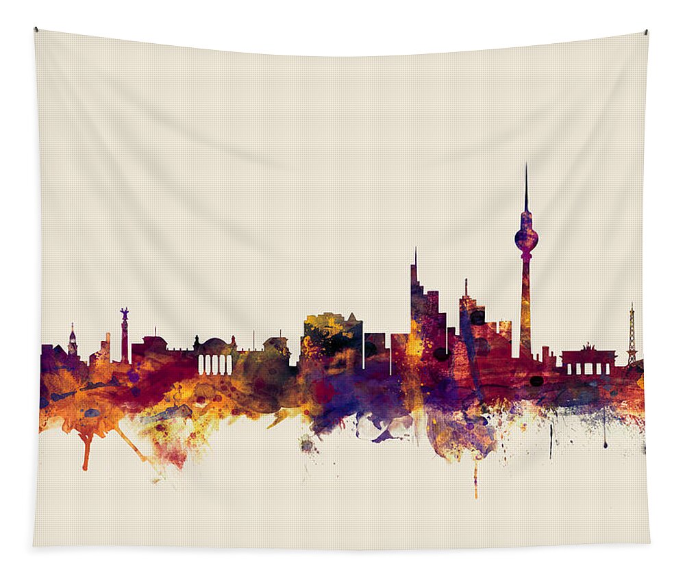 City Skyline Tapestry featuring the digital art Berlin Germany Skyline #3 by Michael Tompsett
