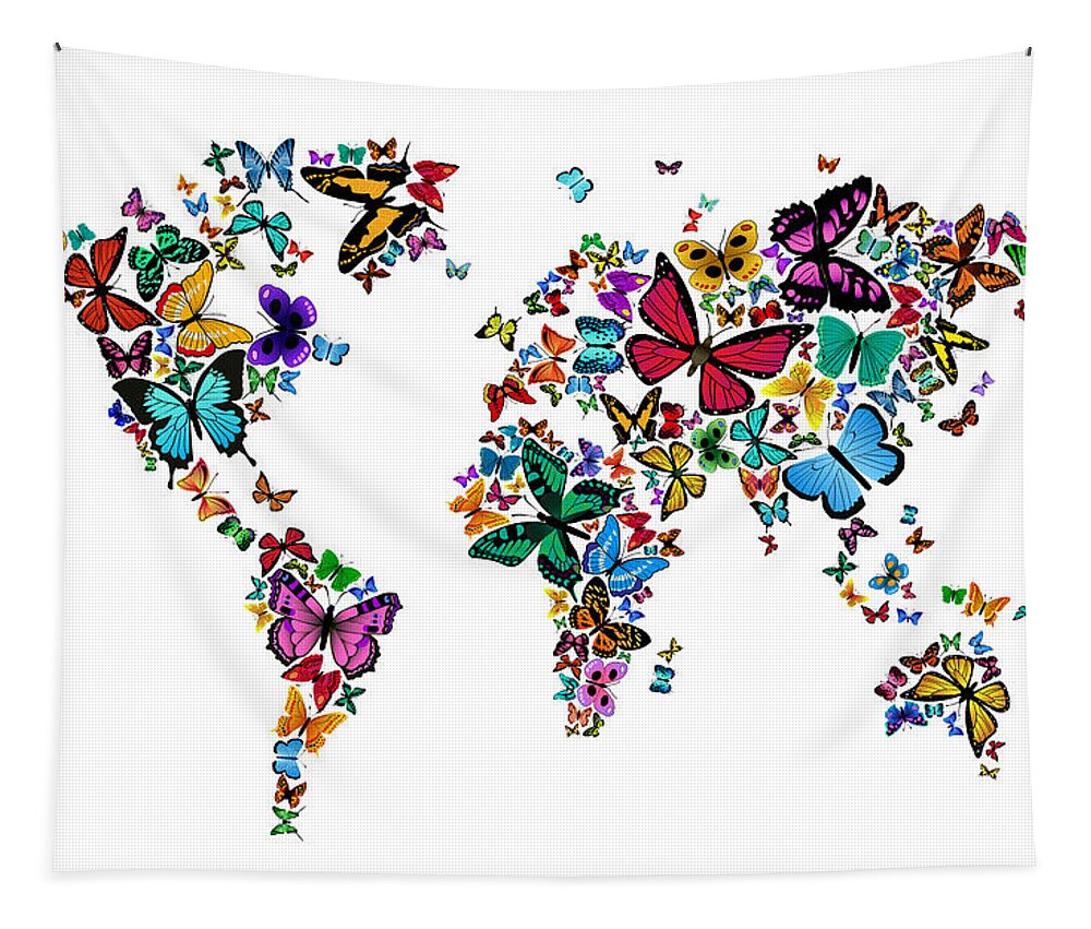 World Map Tapestry featuring the digital art Butterflies Map of the World by Michael Tompsett