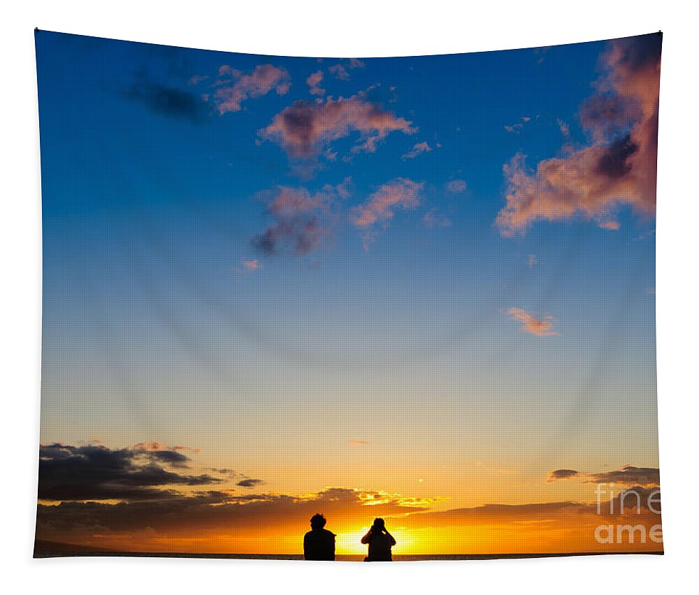 Hawaii Tapestry featuring the photograph Couple watching the sunset on a beach in Maui Hawaii USA #3 by Don Landwehrle