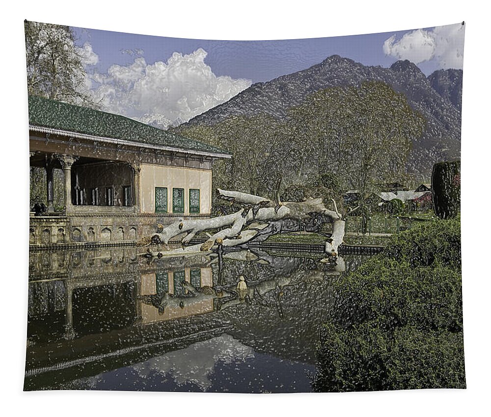 Action Tapestry featuring the digital art Fallen tree in water pool inside the Shalimar Garden in Srinagar #3 by Ashish Agarwal