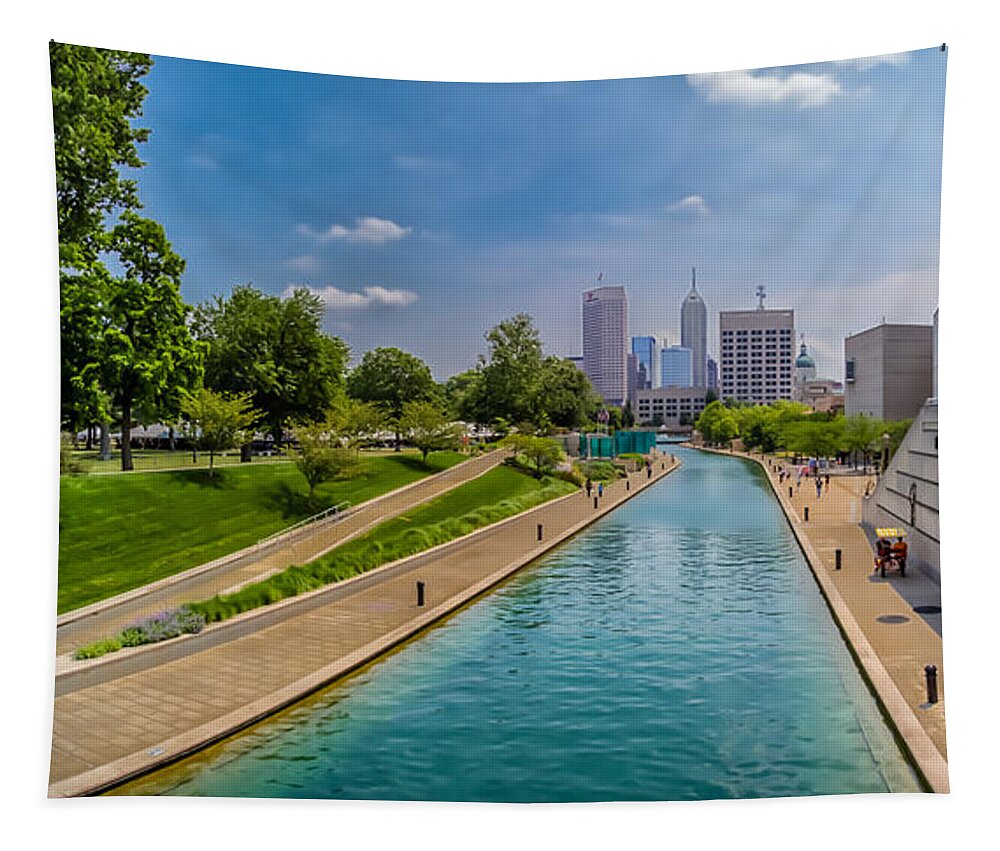 Indiana Tapestry featuring the photograph Indianapolis Skyline from the Canal by Ron Pate