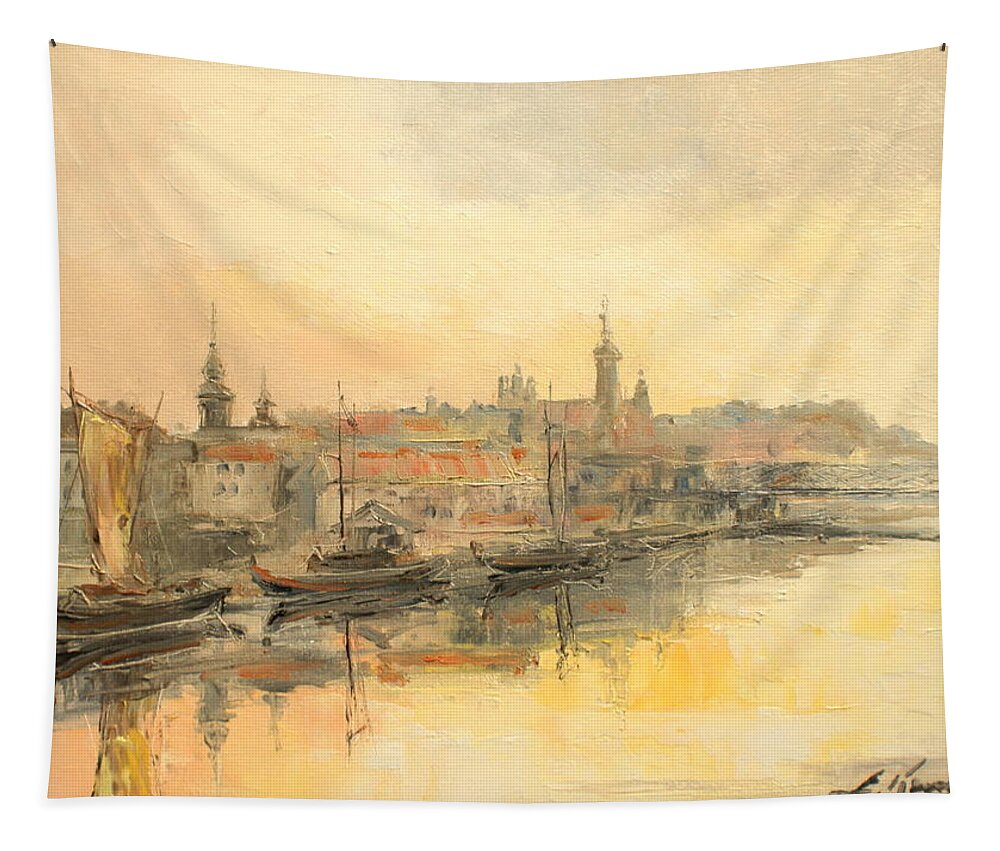 Warsaw Tapestry featuring the painting Old Warsaw - Wisla river #3 by Luke Karcz