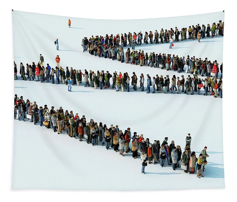 Adult Tapestry featuring the photograph Queue Of People Waiting In A Zigzag Line #3 by Ikon Ikon Images