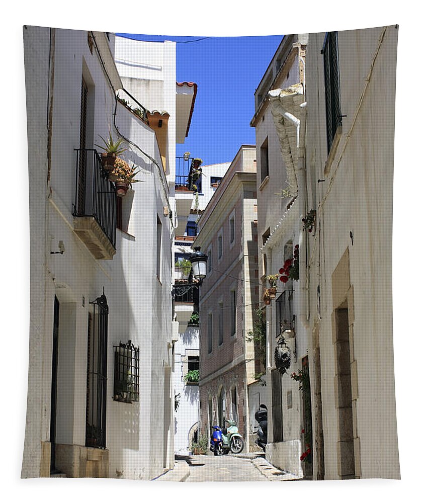 Sitges Spain Scooter Scooters Bikes Mediterranean Seaside Resort Sitges Catalonia Catalan Spanish White Washed Walls Traditional Alleyway Narrow Street Alley Tapestry featuring the photograph Sitges Spain #4 by Julia Gavin
