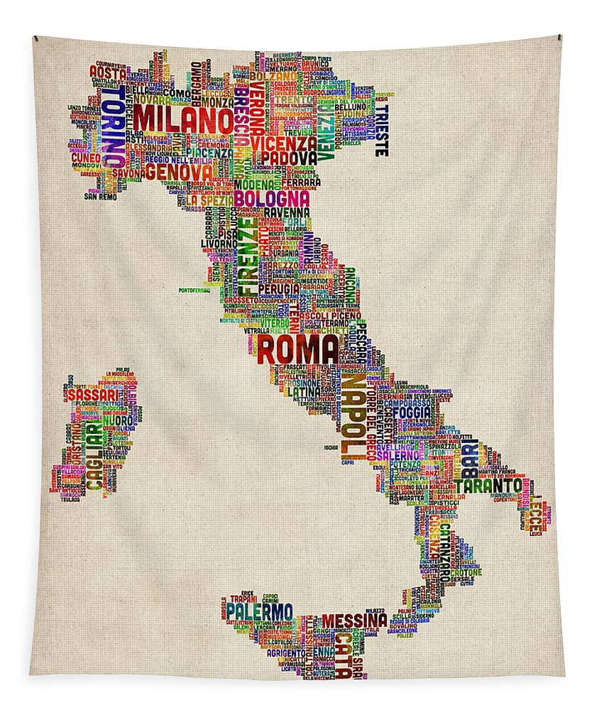 italy Map Tapestry featuring the digital art Text Map of Italy Map #4 by Michael Tompsett
