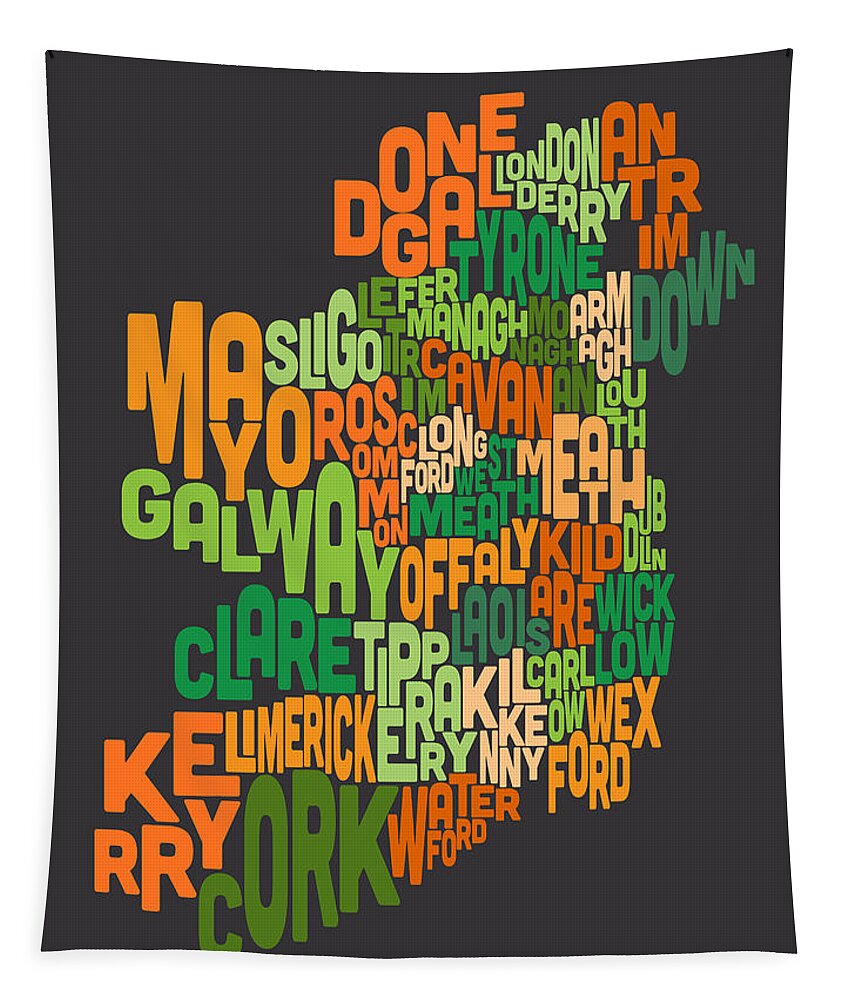 Ireland Map Tapestry featuring the digital art Ireland Eire County Text Map #4 by Michael Tompsett