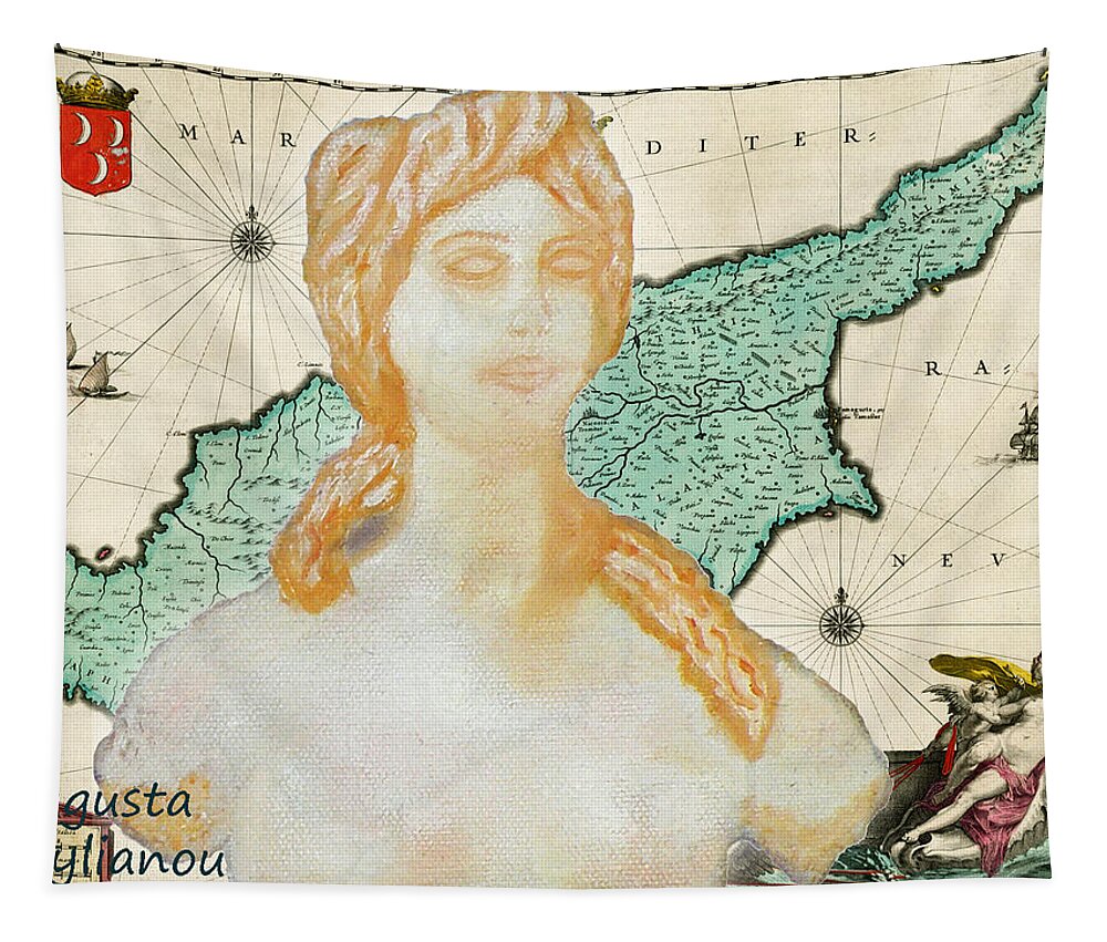 Augusta Stylianou Tapestry featuring the digital art Ancient Cyprus Map and Aphrodite #1 by Augusta Stylianou