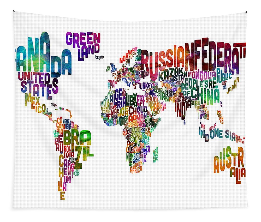 Map Of The World Tapestry featuring the digital art Text Map of the World by Michael Tompsett