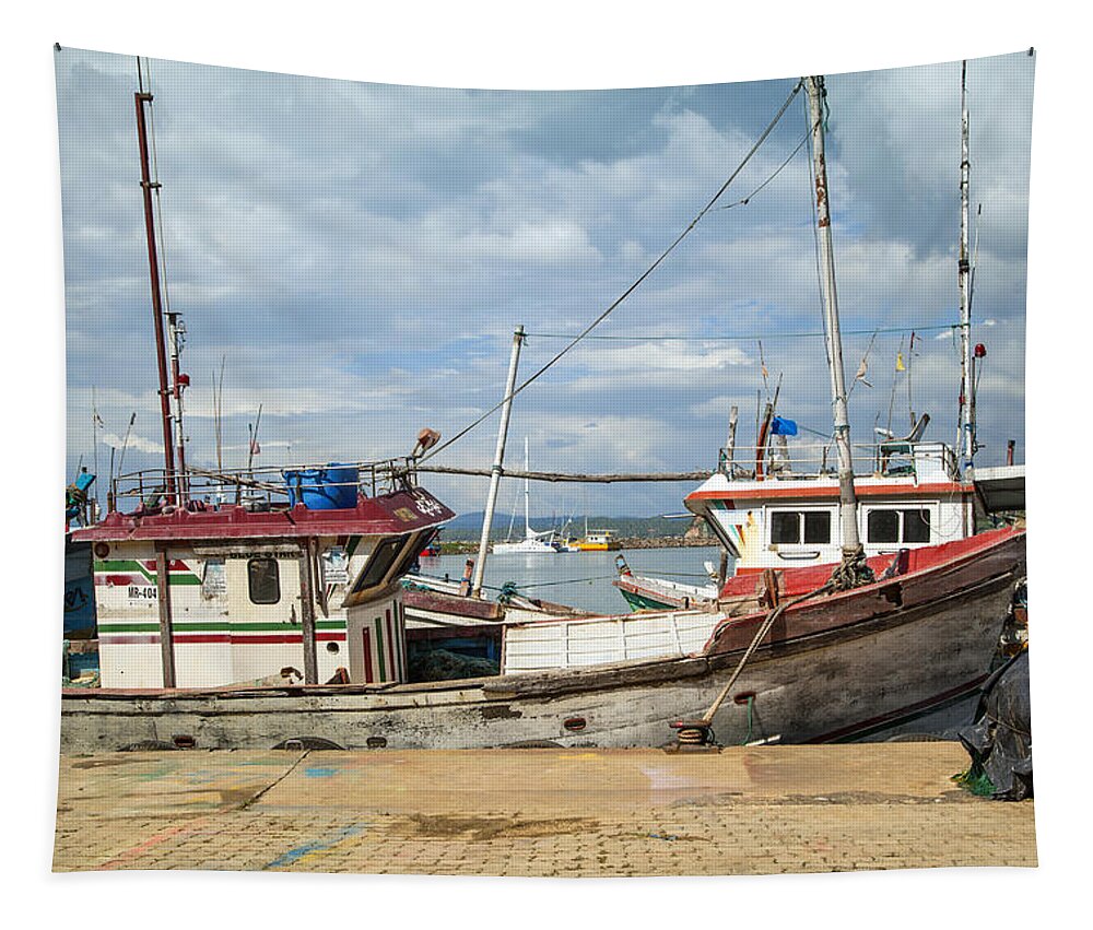 Harbor Tapestry featuring the photograph boats in the harbour of Mirissa on the tropical island of Sri Lanka by Gina Koch