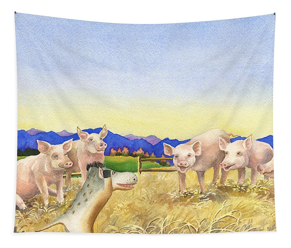 Spike The Dhog Painting Tapestry featuring the painting A Barnyard of Pigs by Anne Gifford