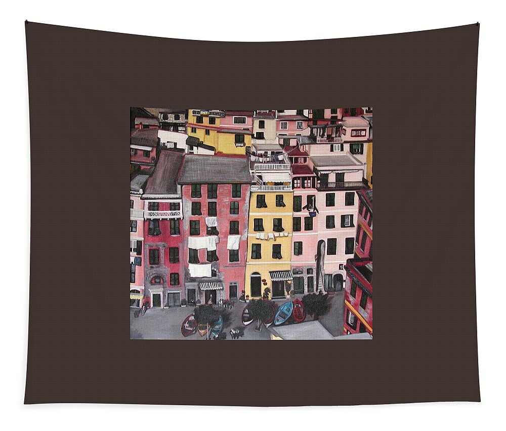 Vernazza Tapestry featuring the painting A Bird's Eye View of Cinque Terre by Quin Sweetman