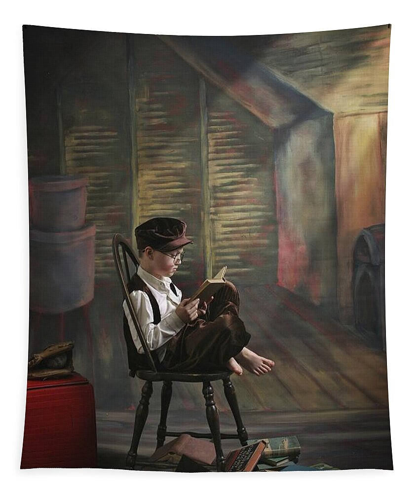 Reading Tapestry featuring the photograph A Boy Posed Reading Old Books Victoria by Pete Stec