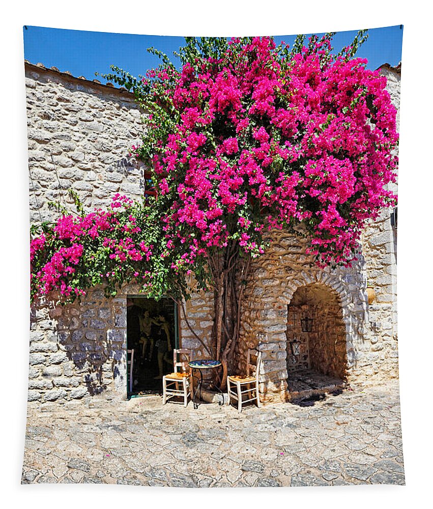Areopolis Tapestry featuring the photograph A cafe in Areopolis - Greece by Constantinos Iliopoulos