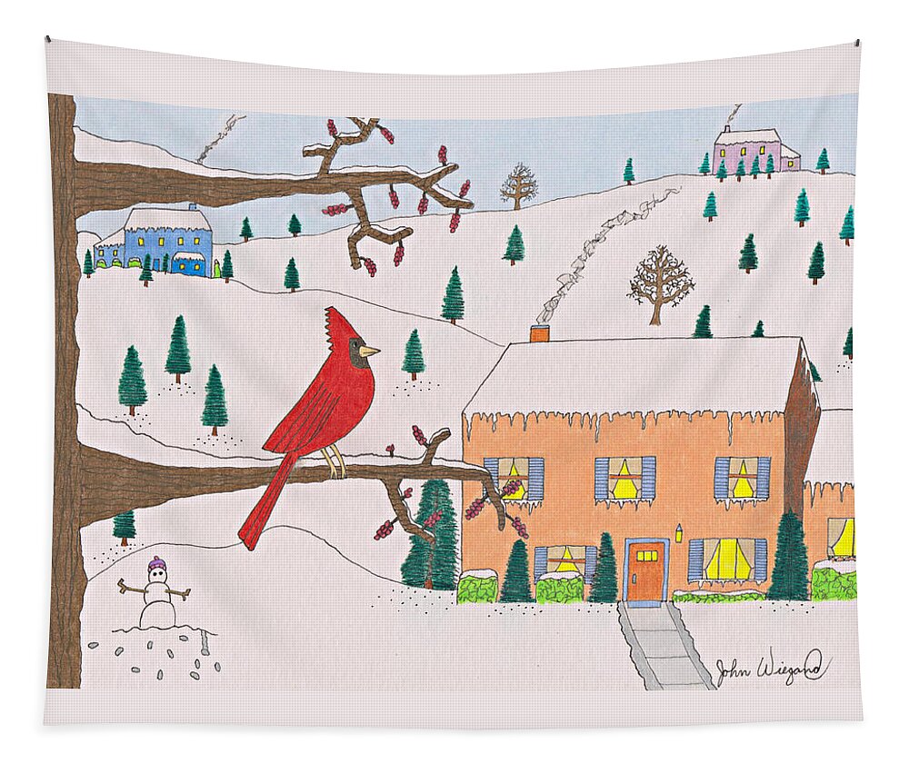 Cardinal Tapestry featuring the drawing A Cardinal Christmas by John Wiegand