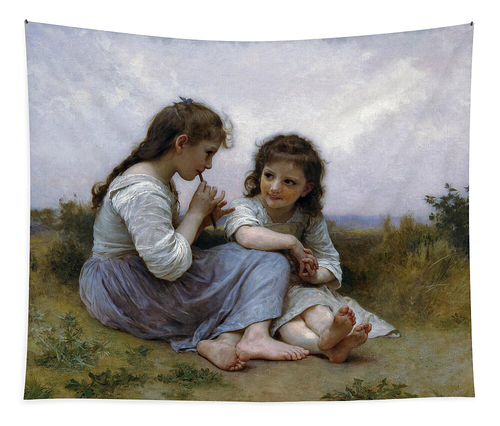 A Childhood Idyll Tapestry featuring the digital art A Childhood Idyll by William Bouguereau