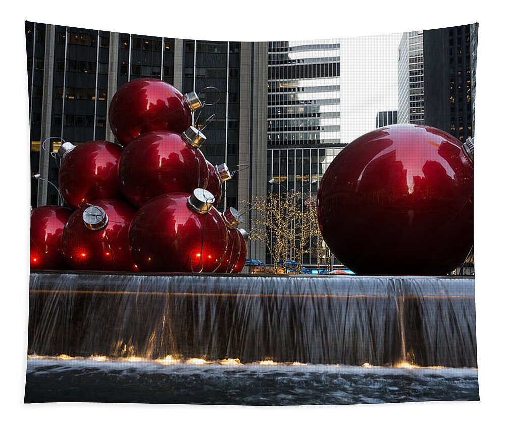 Christmas Card Tapestry featuring the photograph A Christmas Card from New York City - Manhattan Skyline Reflecting in Giant Red Balls by Georgia Mizuleva