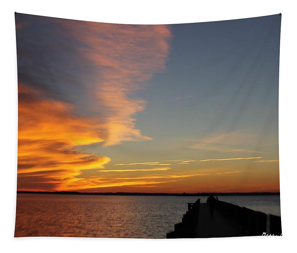 Sun Tapestry featuring the photograph A Dock Walking Sunset by Robert Banach