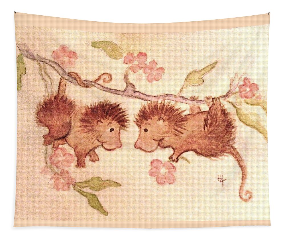 Two Cute Possums Tapestry featuring the painting A Flower For You by Hazel Holland