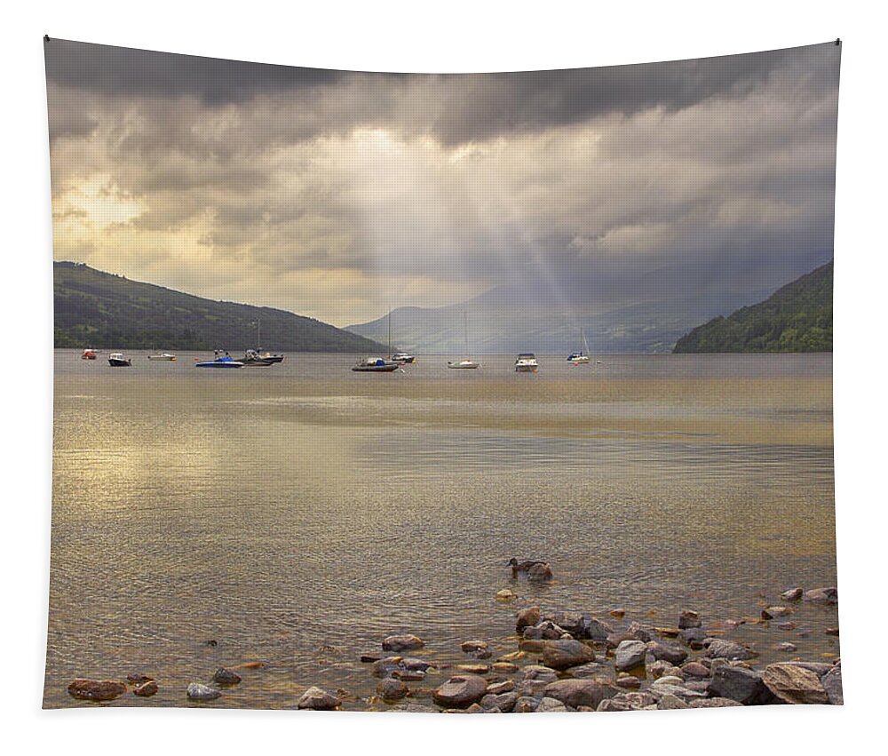 Scotland Tapestry featuring the photograph A Loch Tay Sunset - Scotland - Boats by Jason Politte