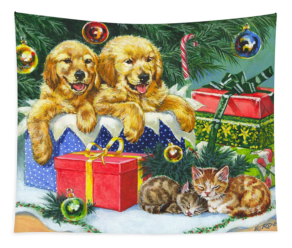 Golden Retriever Tapestry featuring the painting A Menagerie Under the Tree by Richard De Wolfe