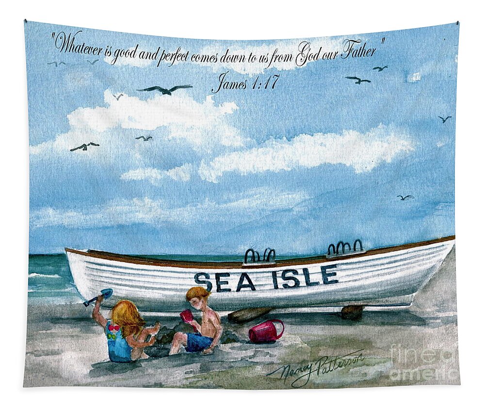 Sea Isle City Lifeguard Boat Tapestry featuring the painting A Perfect Day On The Beach by Nancy Patterson