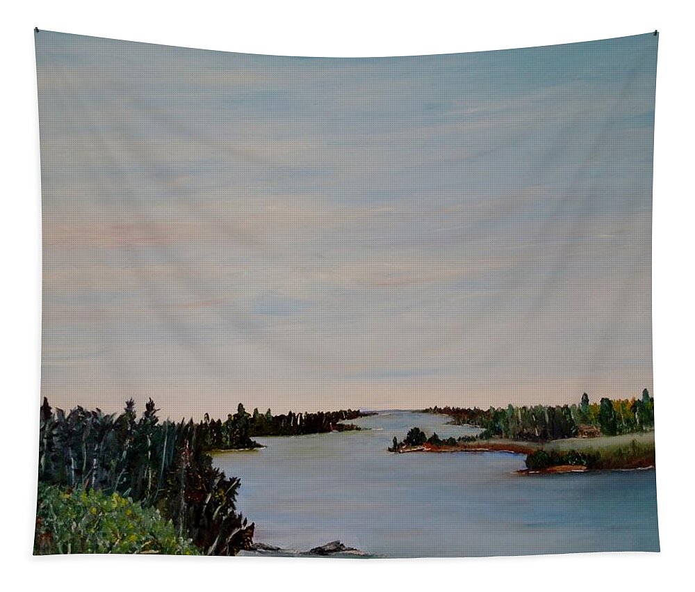 Manigotagan River Tapestry featuring the painting A river shoreline by Marilyn McNish