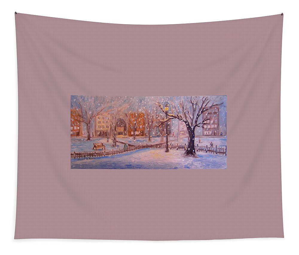 Snow Tapestry featuring the painting A short cut through the park by Daniel W Green