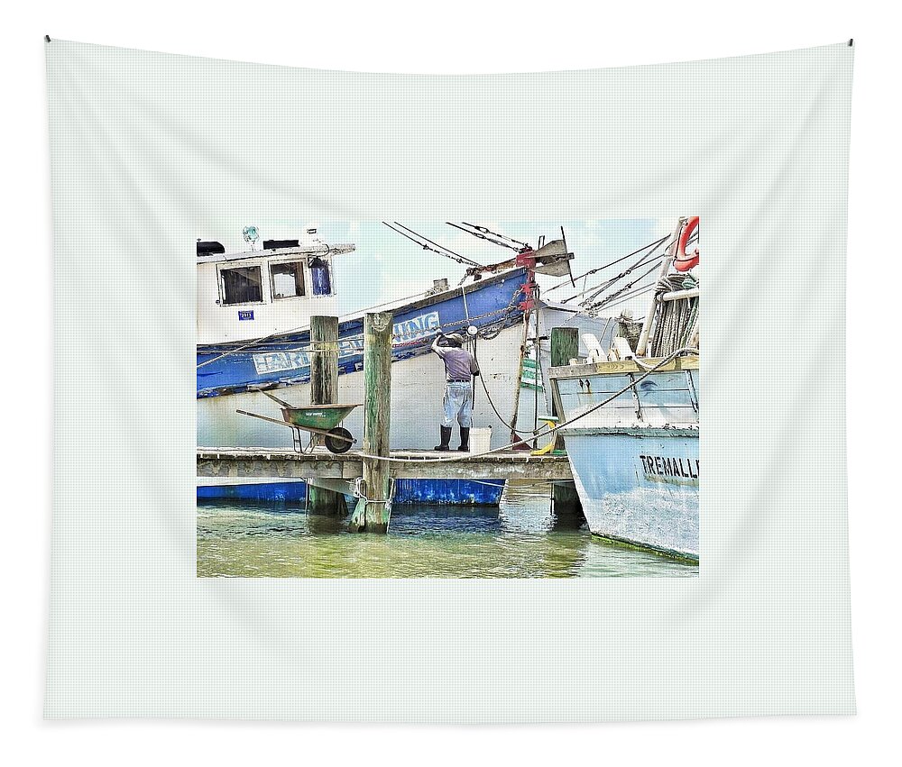 Shrimp Boat Tapestry featuring the photograph A Shrimper's Work Is Never Done by Patricia Greer