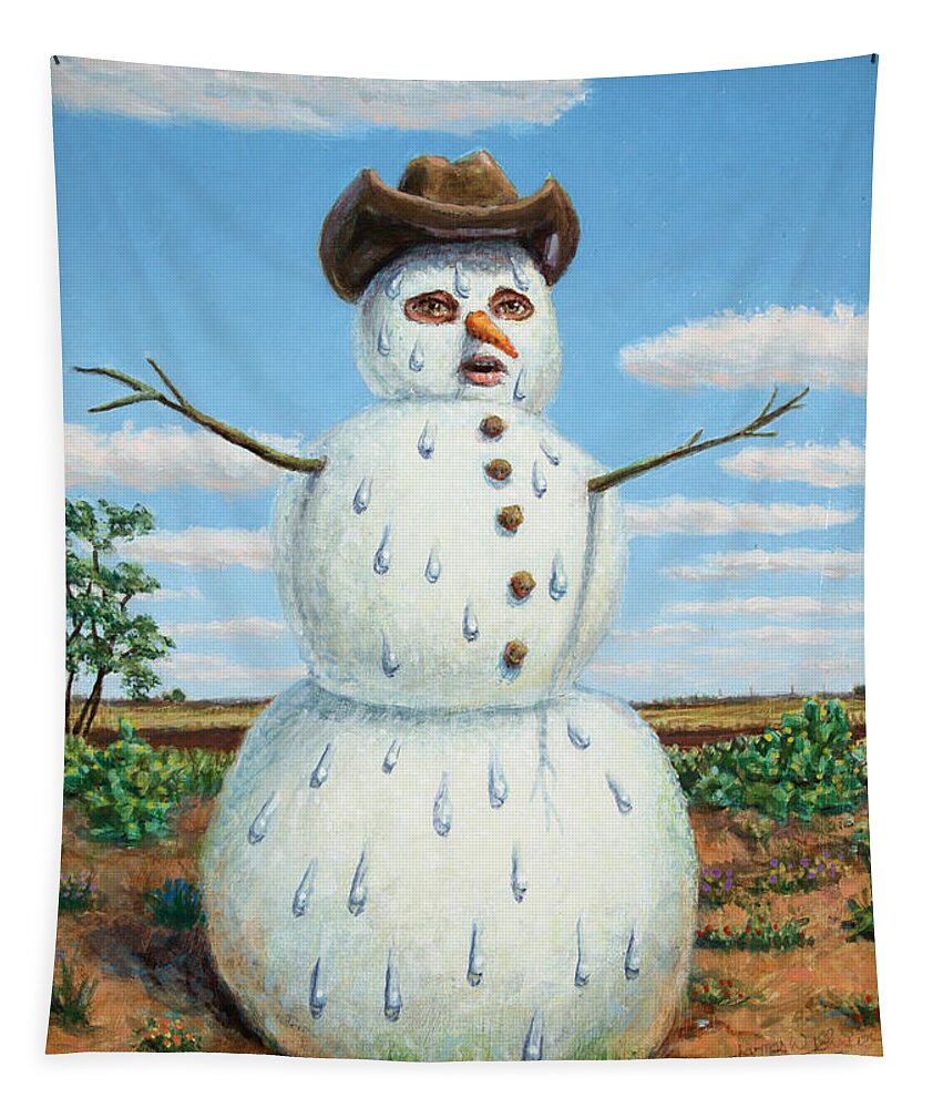 Snowman Tapestry featuring the painting A Snowman in Texas by James W Johnson
