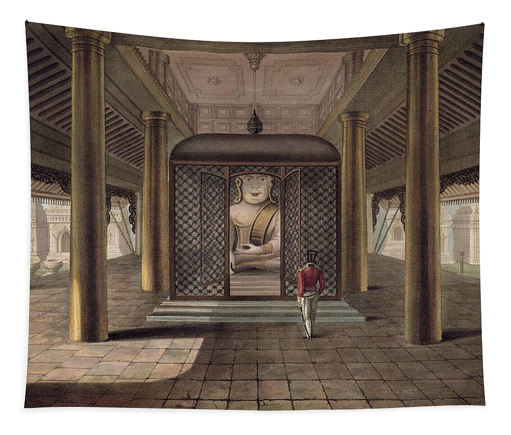 Uniform Tapestry featuring the drawing A Soldier Standing In A Rangoon Temple by Joseph Moore