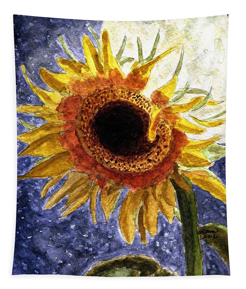 Sunflowers Tapestry featuring the painting A Sunflower In The Moonlight by Angela Davies