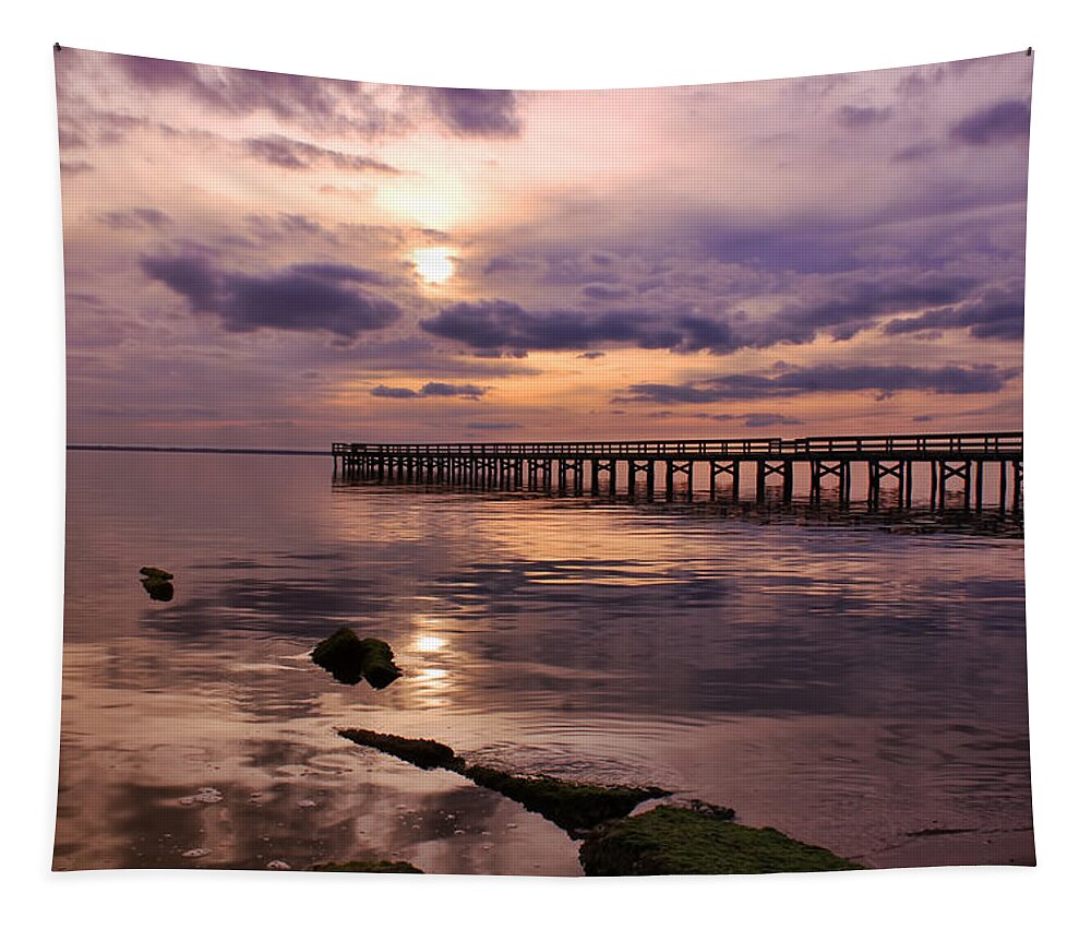 Hilton Pier Tapestry featuring the photograph A Touch of Orange at Sunset by Ola Allen