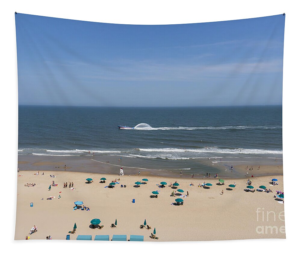 Atlantic Tapestry featuring the photograph A touring speedboat passes by shore in Ocean City Maryland by William Kuta