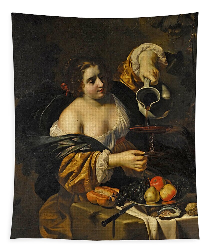 Nicolas Regnier Tapestry featuring the painting A young woman pouring red wine from a pitcher into a glass by Nicolas Regnier