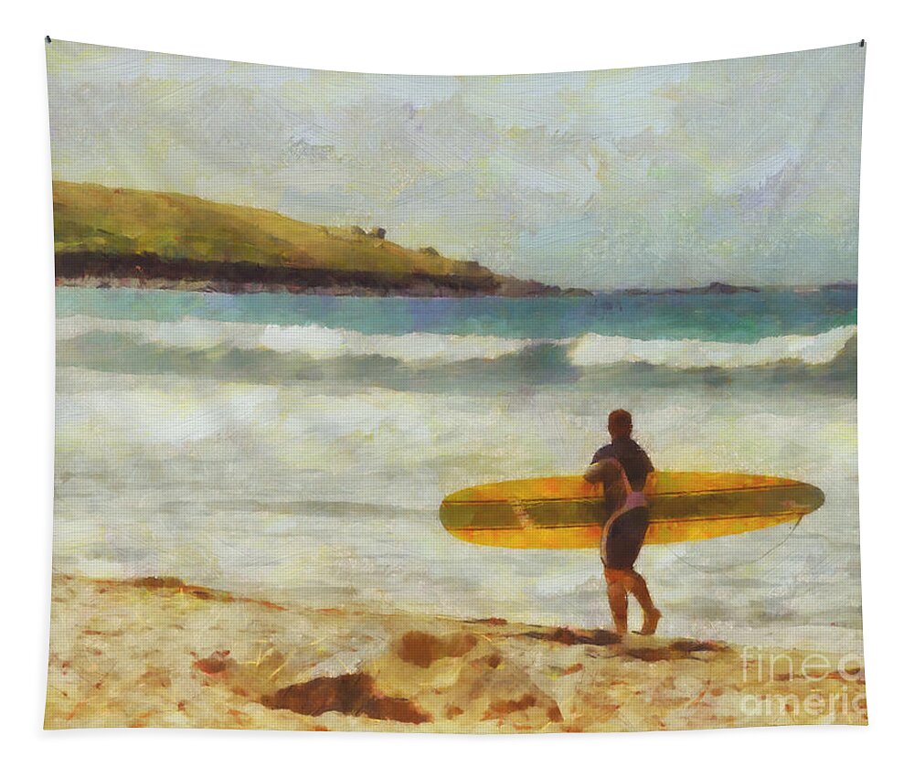 Fine Art Tapestry featuring the painting About to surf by Pixel Chimp