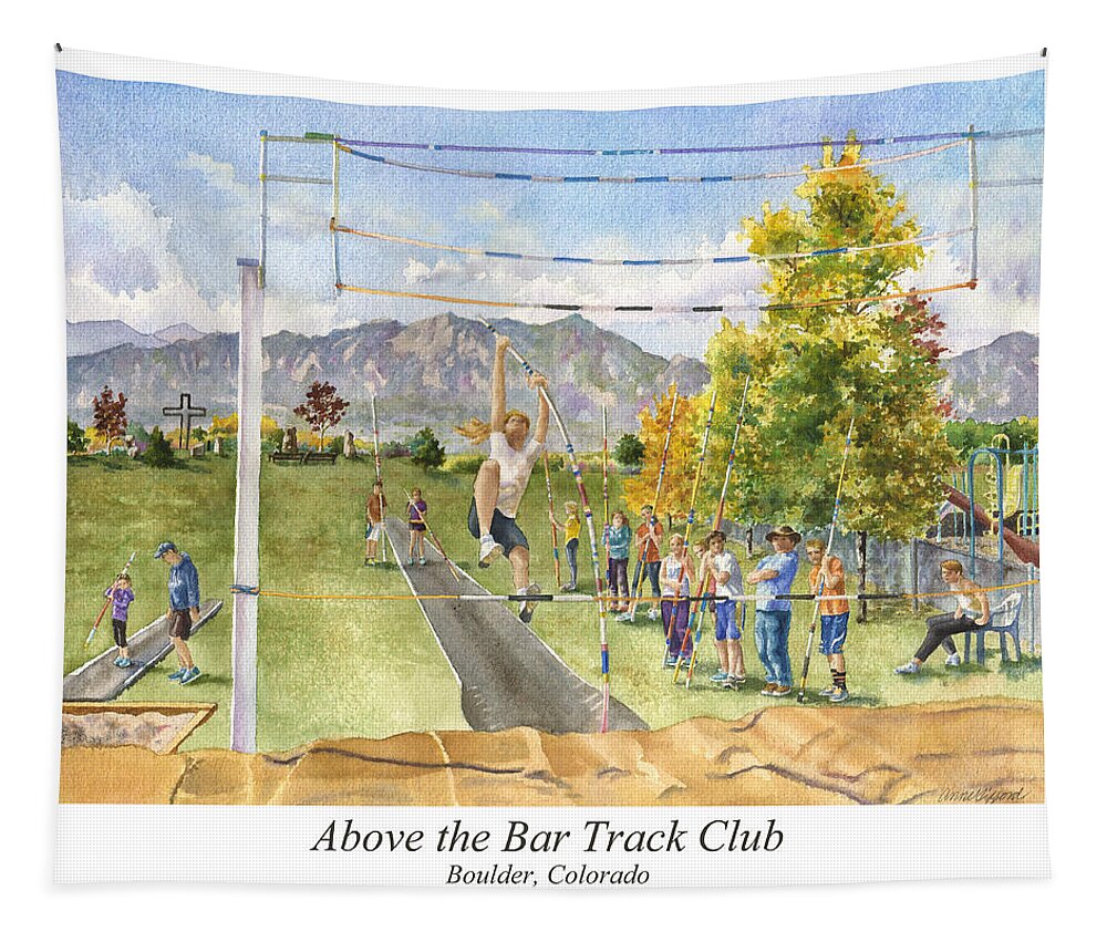 Pole Vaulting Painting Tapestry featuring the painting Above the Bar Track Club Poster by Anne Gifford