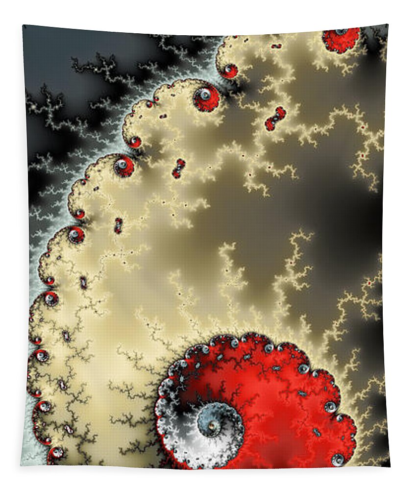 Red Tapestry featuring the digital art Abstract fractal spiral art red yellow grey by Matthias Hauser