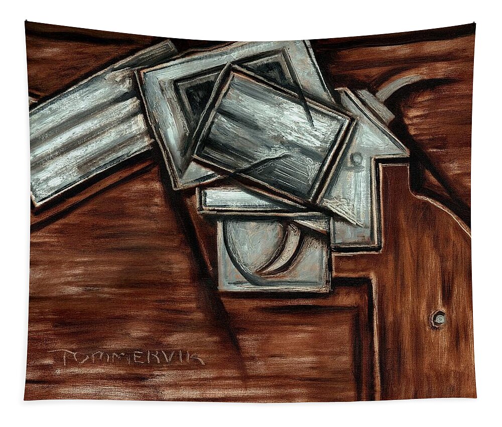 Revolver Tapestry featuring the painting Abstract Cubism Cowboy Revolver Gun Art Print by Tommervik